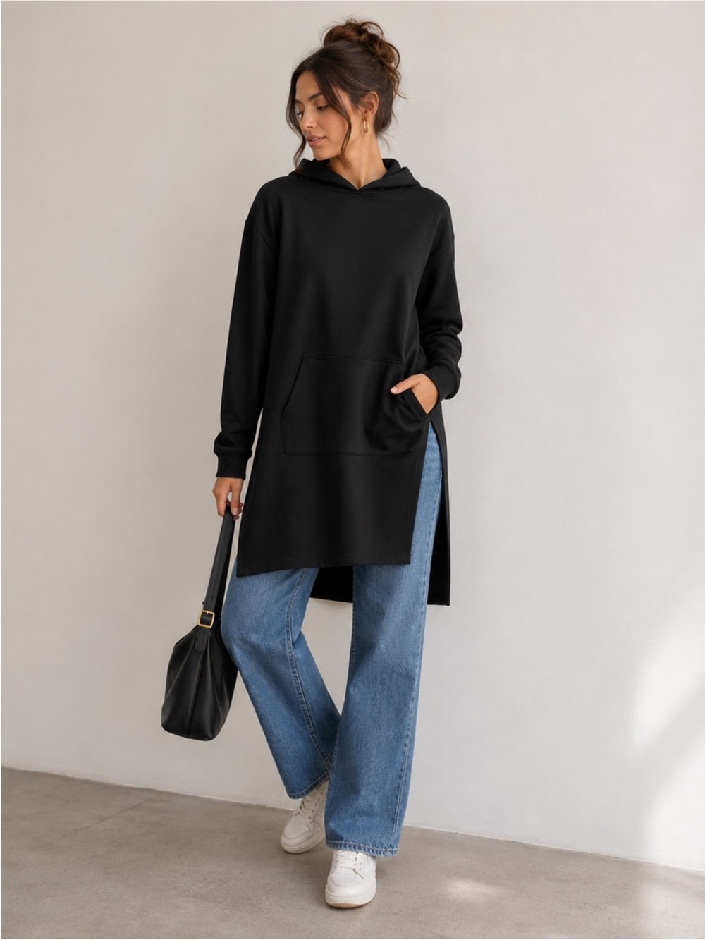 Marcella NYC Black Long Tunic Sweatshirt SZ S EUC